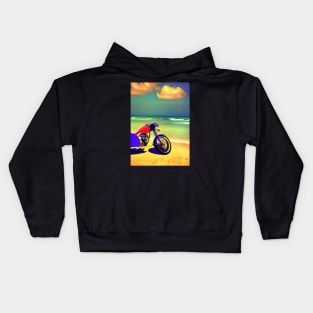 SURREAL RETRO MOTORCYCLE ON A STORMY BEACH Kids Hoodie